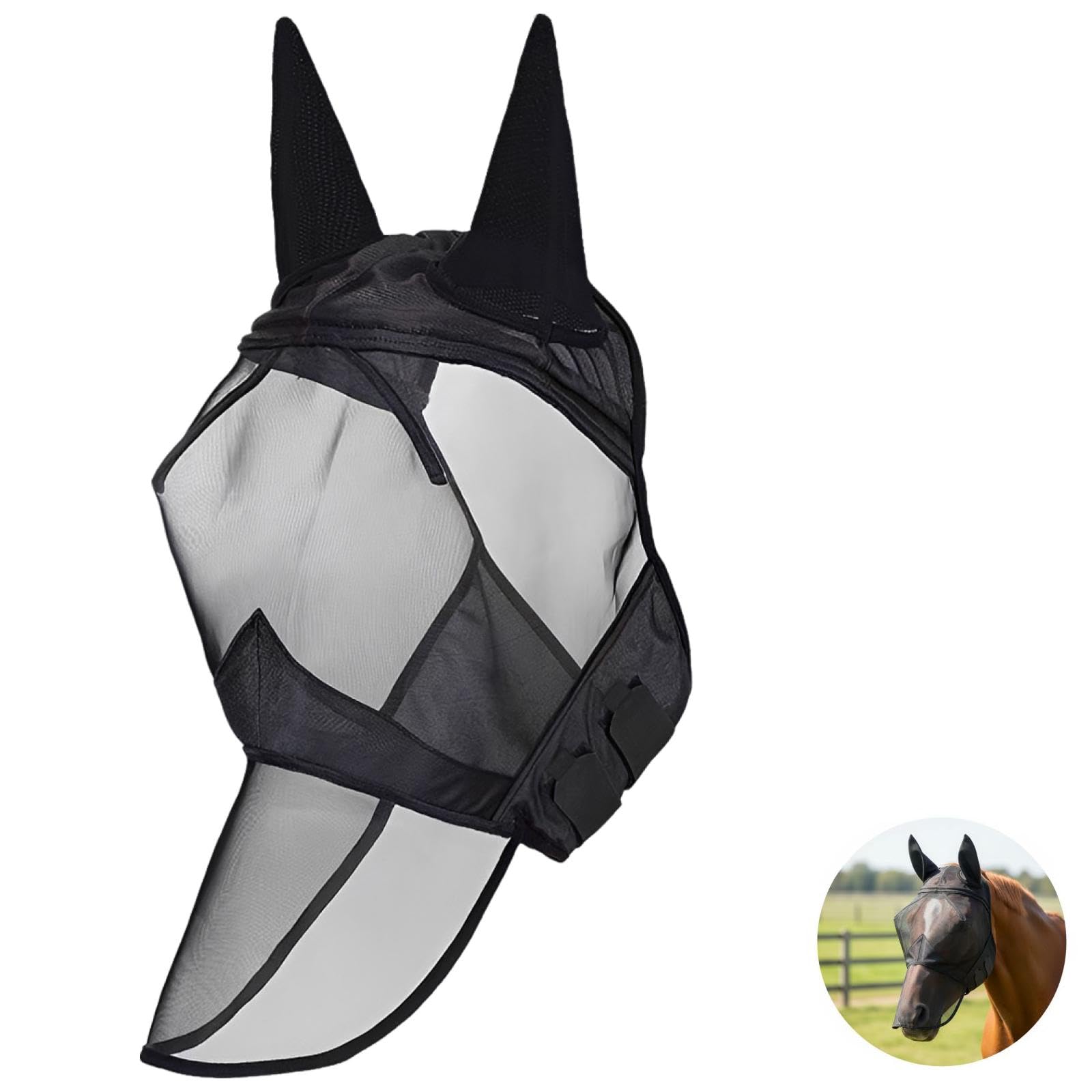 Pferde-Fliegenmaske mit Ohren, schwarzes Design, atmungsaktives Mesh, robuster Oxfordstoff, sicherer Sitz, Abdeckung von Ohr bis Nase, Gesichtsumfang, für Outdoor-Reiten