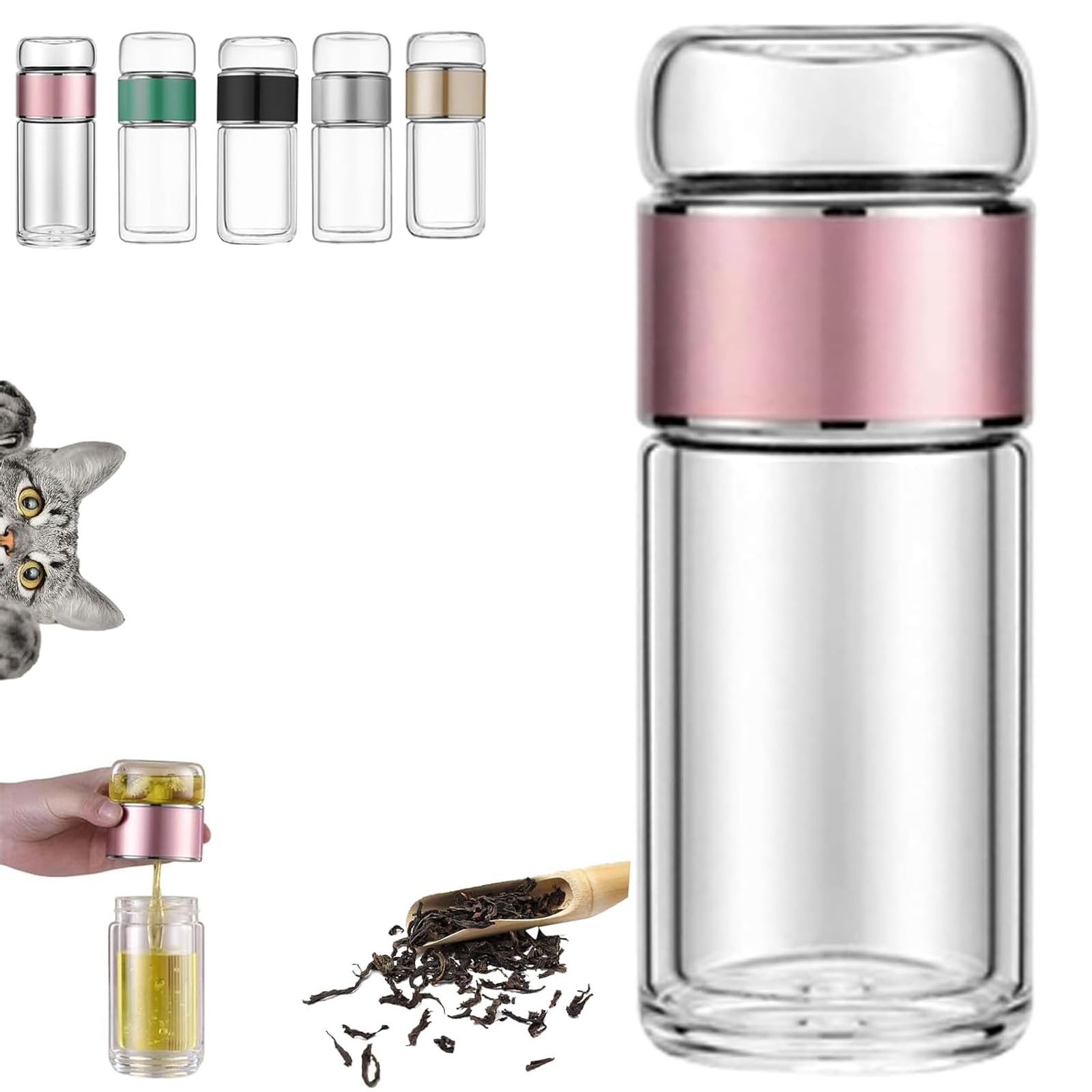 Glass Infuser, Double Layered Glass Tea Separation Cup, 3-in-1 Smart Tea Infuser, Portable Loose Leaf Tea Maker for Home, Office, or Travel Use (Pink, 350ml) — image 1