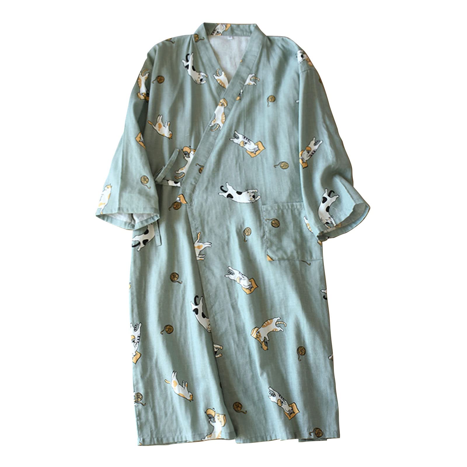 Women's Room Wear, Cotton, Cat Pattern, Yukata, Pajamas, Sleepwear, Bathrobe, Front Opening, Japanese Pattern, Loungewear | 通気性, ポケット付き, ミドル丈, お風呂上り, 入院, 介護 L green