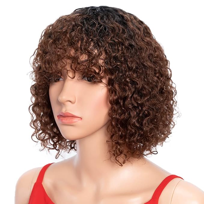 Spotlight Short Bob Wigs 14 inch Curly Wavy Human Hair Ombre Brown Bob Wigs for