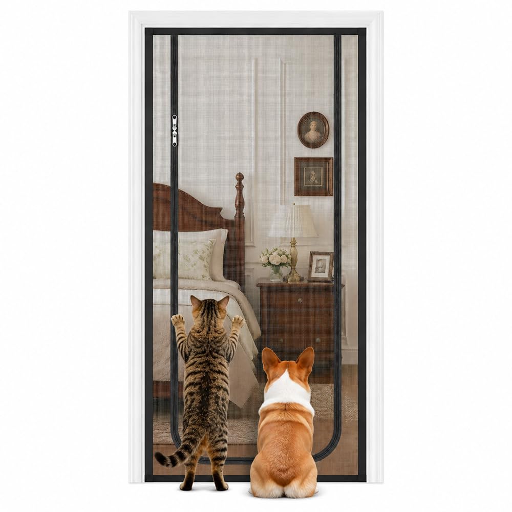 Moskitiera na drzwi dla kota, 90 x 210 cm solidna moskitiera dla kotów z dwustronnym zamkiem błyskawicznym i samoprzylepną taśmą samoprzylepną, ulepszony uchwyt na moskitierę dla kota do salonu