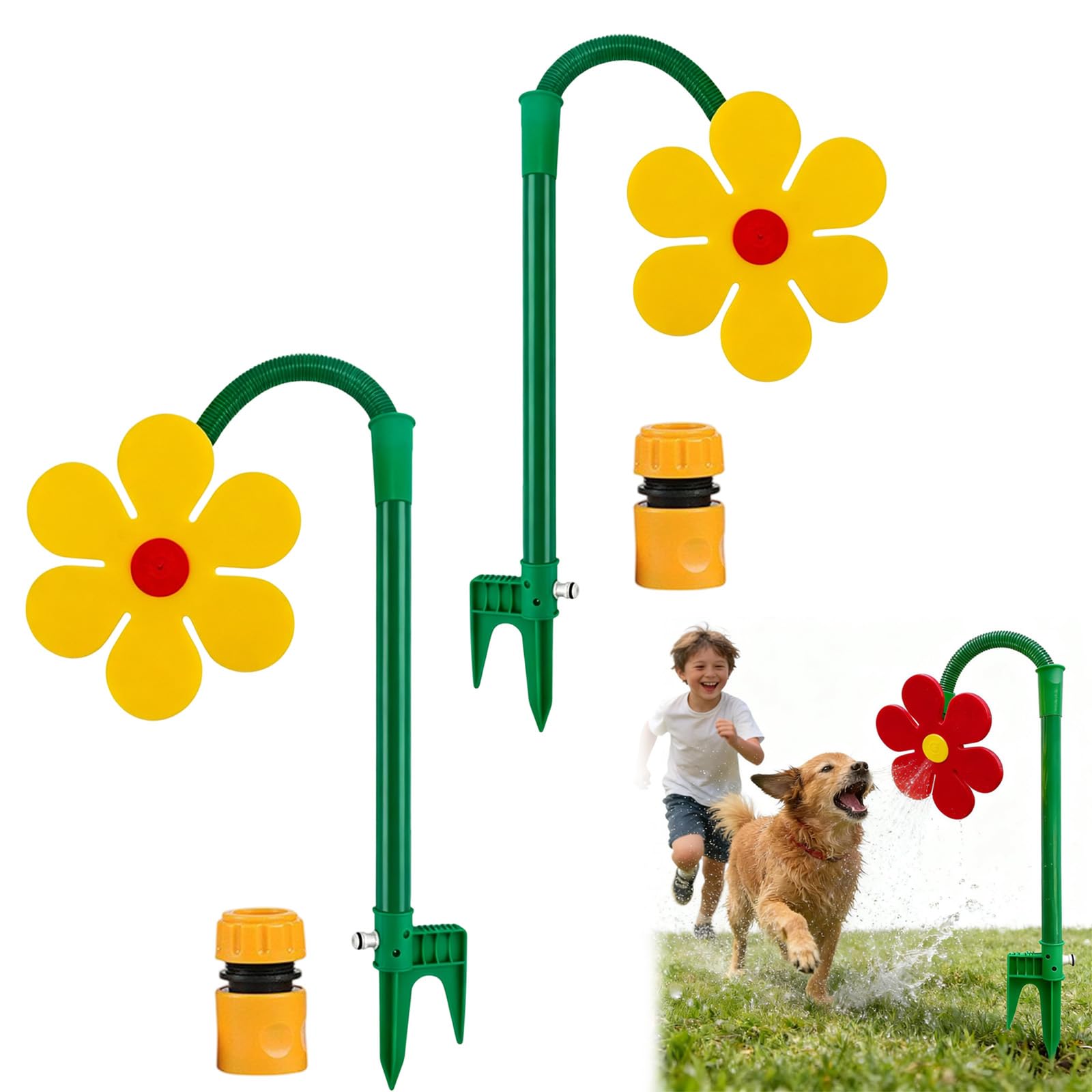 Crazy Daisy Sprinkler, 360° Rotating Dancing Flower Water Sprinkler, Spinning Sunflower Sprinkler with Adapter, Fun Irrigation Tool for Yard Watering, Kids & Pets Outdoor Water Play (2PC-B)