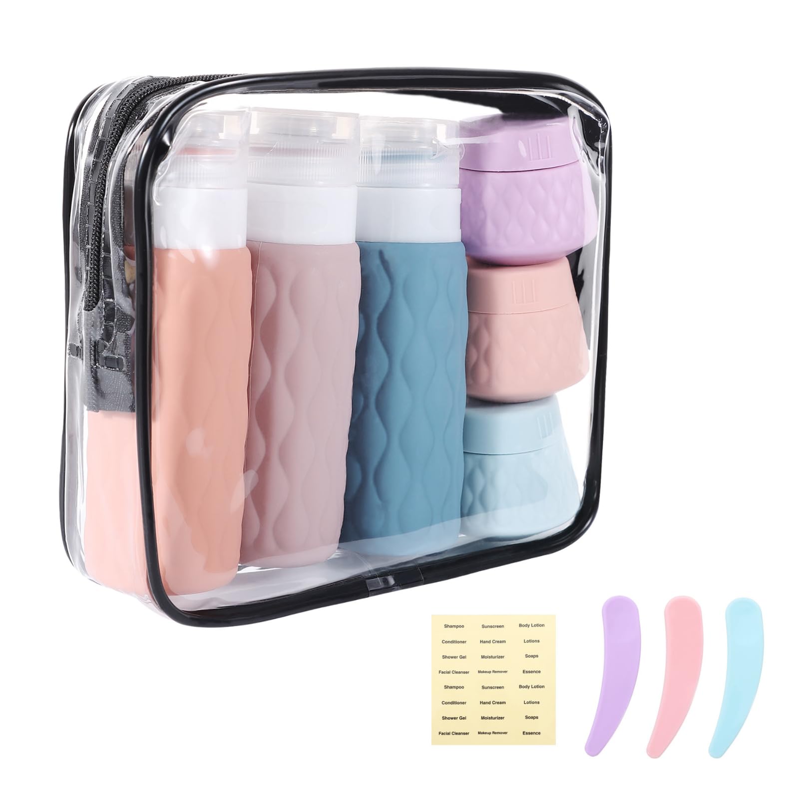 6 Pack Travel Silicone Makeup Containers Set Refillable Empty Containers for Toiletries Shampoo, 100ml Leakproof Squeezable Lotion Bottles & 30g Cream Jars, with 3pcs Spoons, Label, Clear Toiletry Bag