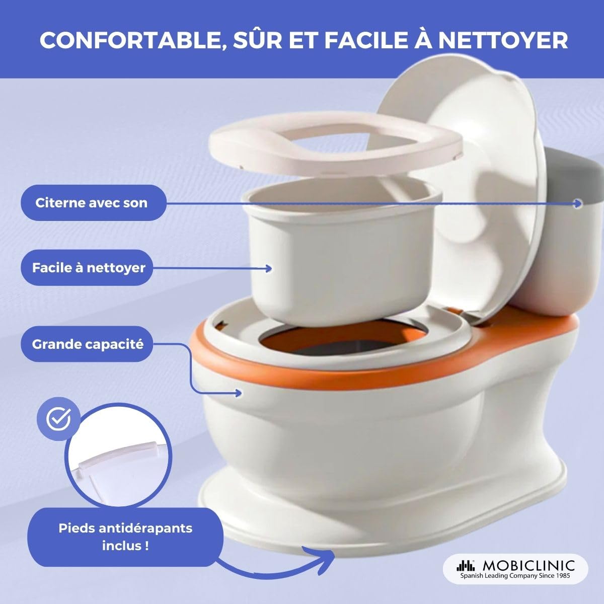 Mobiclinic® kids, Pot Bebe Toilette Musical, Toikid, 1-3 ans, Son de décharge, Avec couvercle, Compartiment papier, Fonctionne piles, Cuvette amovible, Siège imperméable (orange)