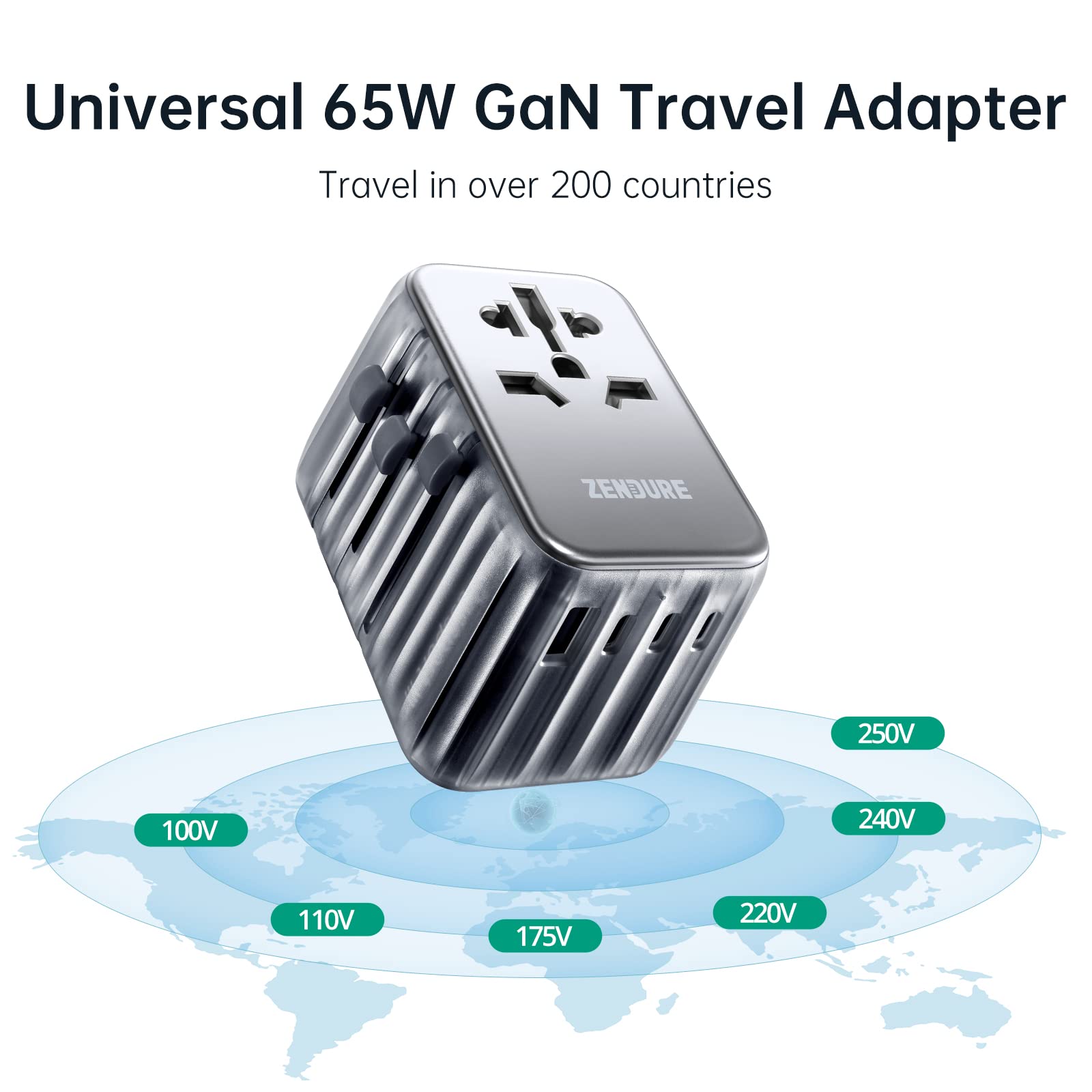 Zendure Adattatore Universale da Viaggio, Apple Alimentatore USB C da 65W, 4 USB-C, 1 USB-A, 1 AC Presa, Ricarica Rapida (PassPort III=Adattatore da Viaggio+Alimentatore+Hub USB) Nero