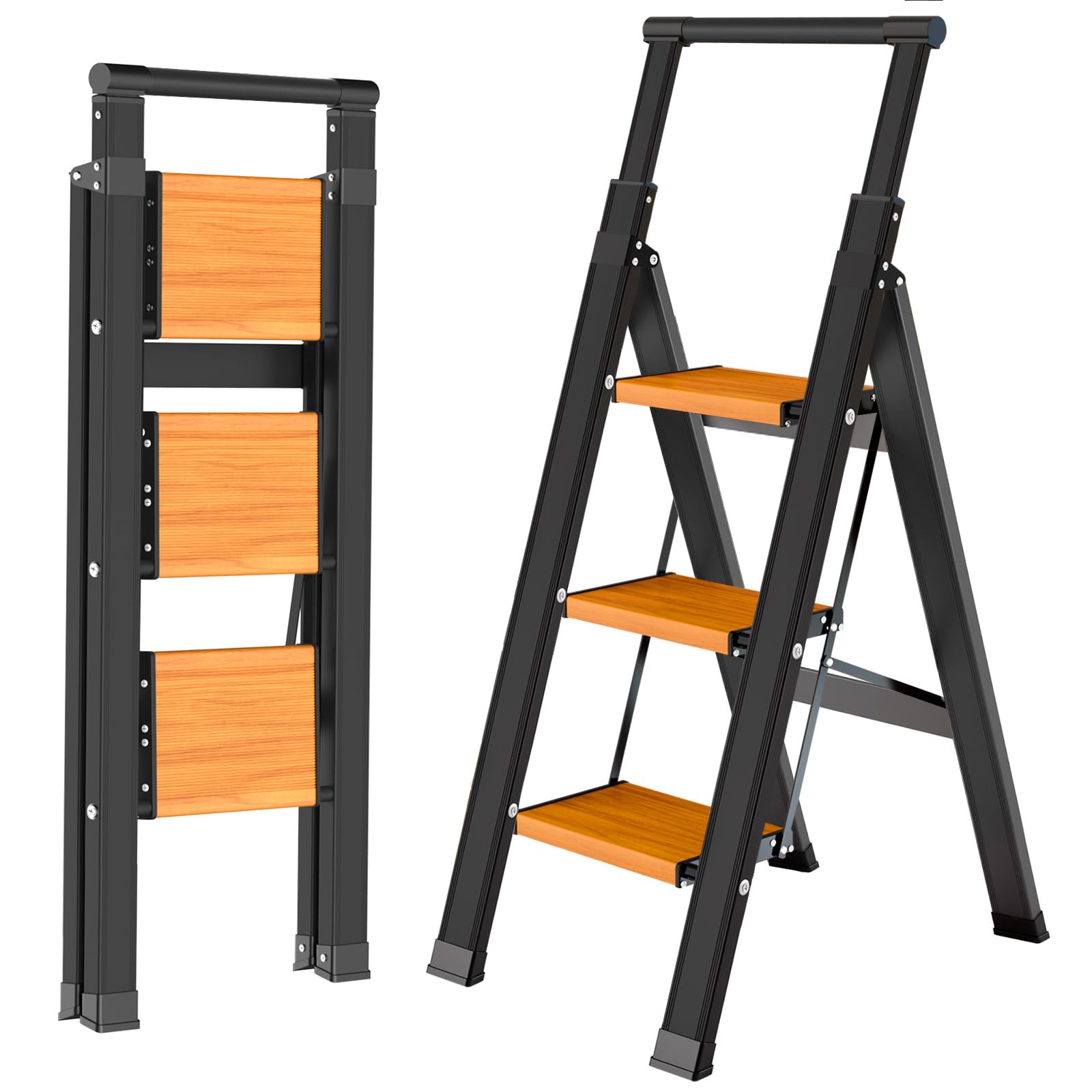 KULACO Scala a gradini pieghevole 3 gradini con corrimano estensibile, scala in alluminio antiscivolo & extra larga, leggera fino a 150 kg, scala domestica compatta per cucina, casa, garage
