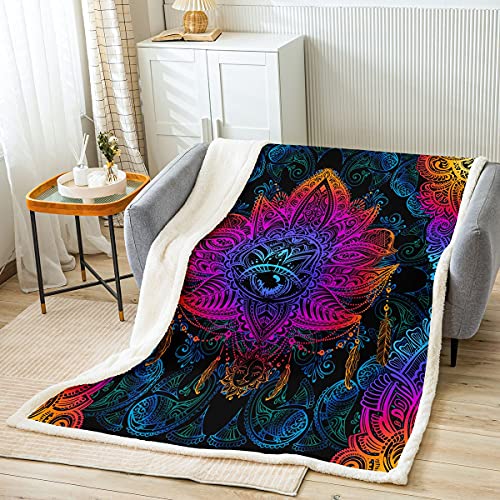 Bohemian Sherpa Blanket Ethnic Hamsa Eyes Blanket Throw Mandala Paisley Fleece Blanket For Kids Boys Girls Exotic Tribal Boho Fuzzy Blanket Sofa Decor Bedroom Decor Queen 90"X90" Colorful #TOP28