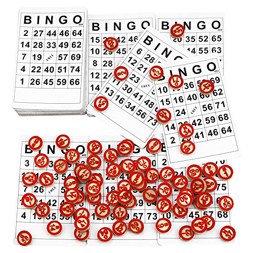 Pralb Disposable Complete Game Set with 120 Bingo Cards, 75Pcs Rustic Wooden Bingo Chips, Custom DIY Board Game Pieces, and Arts & Crafts | Traditional, Holiday, & Wedding Games