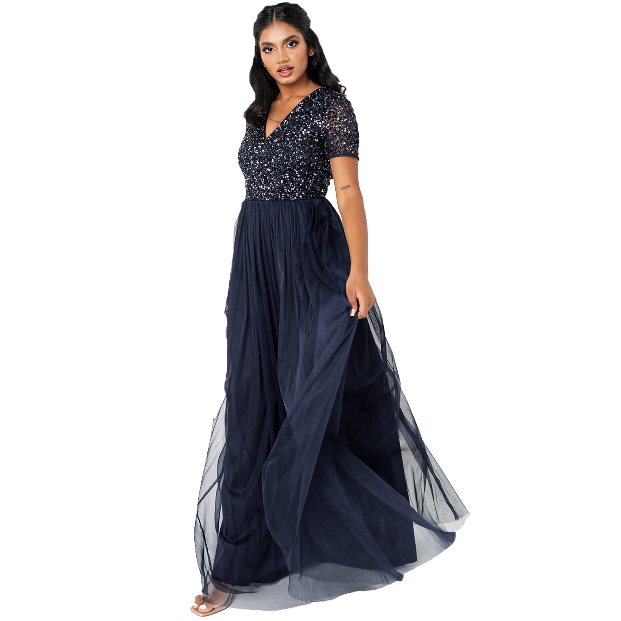 Maya Deluxe Abendkleid mit Pailletten Cocktailkleid Damen mit V-Ausschnitt Tüllkleid