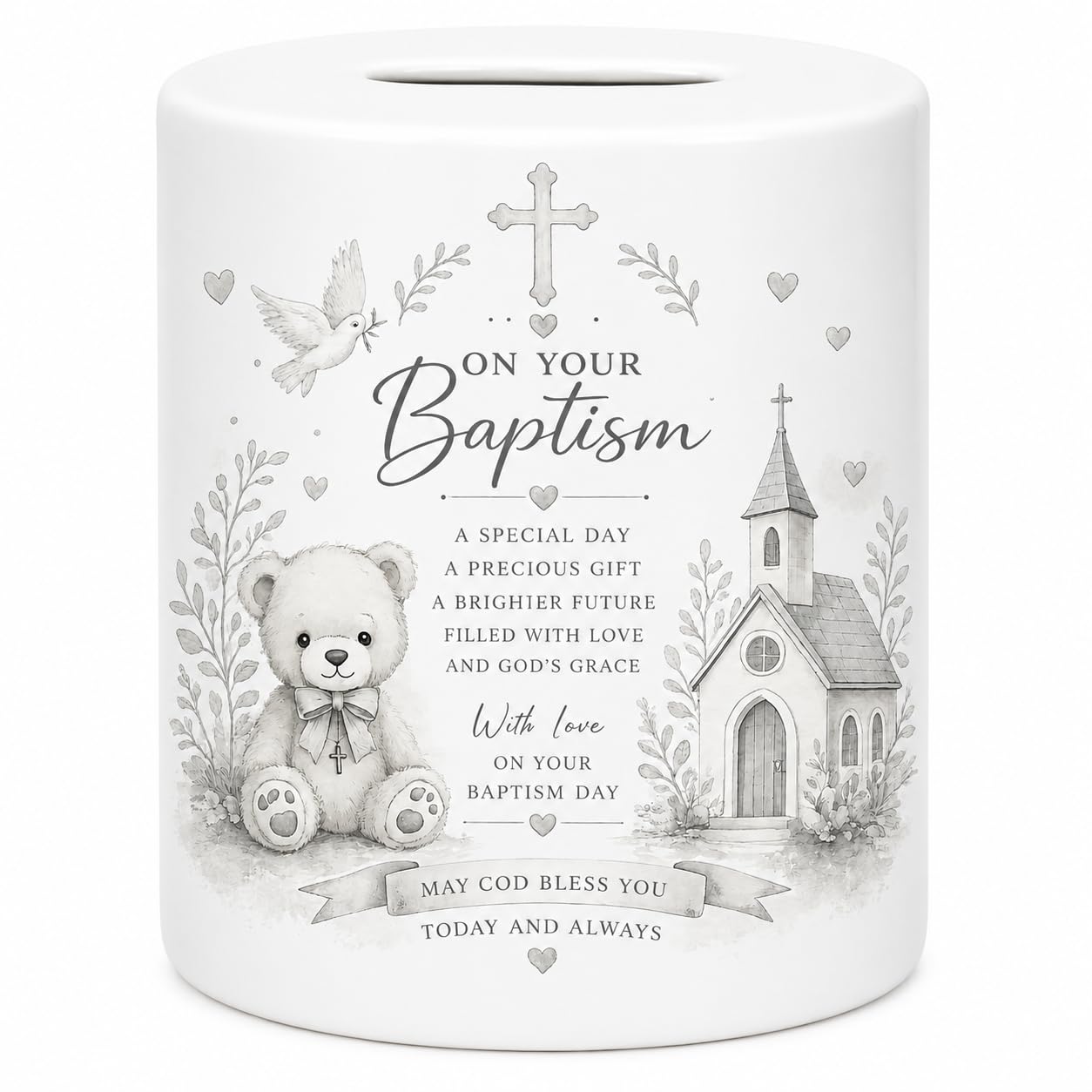 Silver Baptism Money Box | Ceramic Religious Keepsake Gift | Teddy Bear Savings Bank