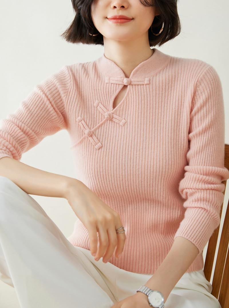 DISSA YD24162 - Maglione da donna in cashmere con colletto alto, a maniche lunghe, a righe, sottile
