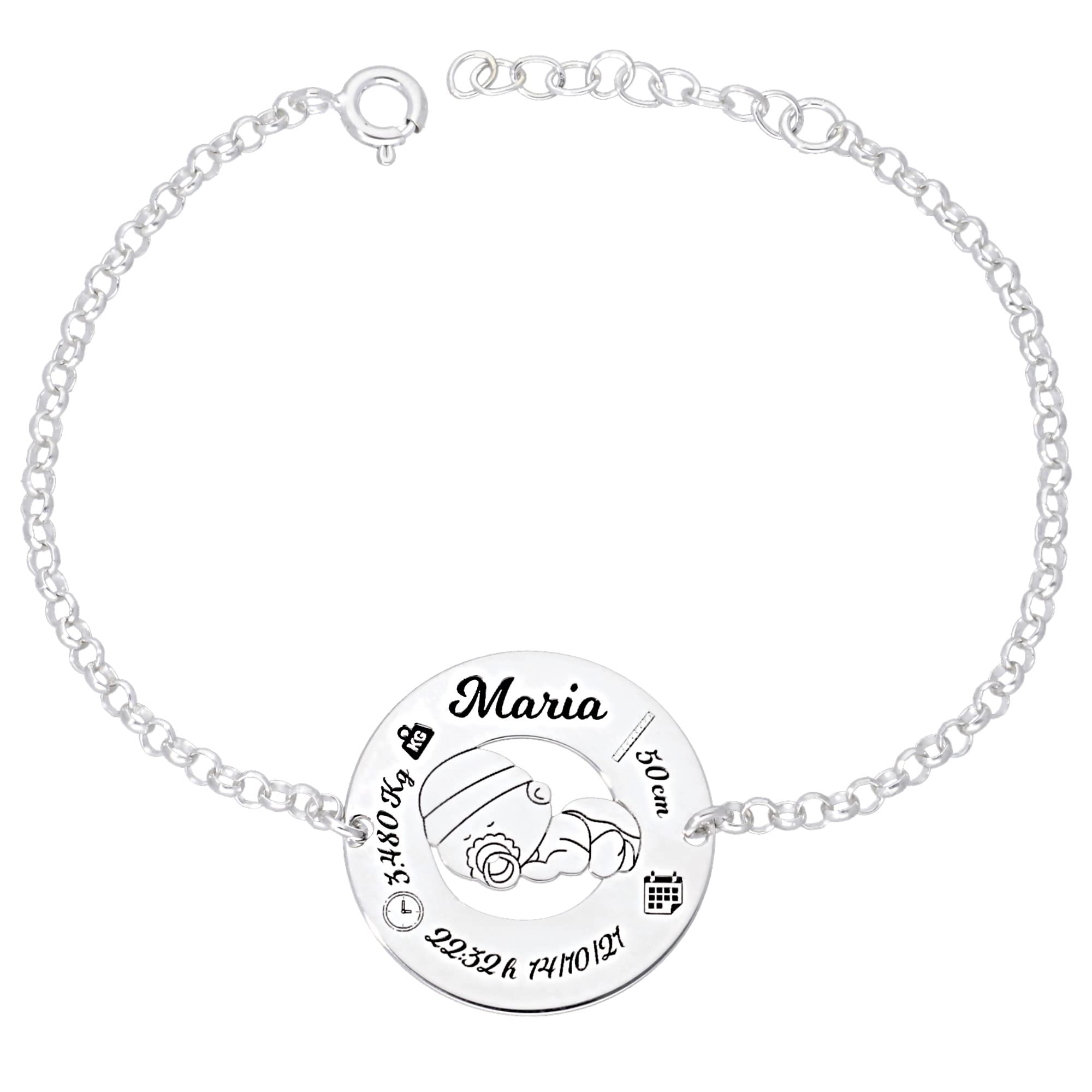 Pulsera de Nacimiento en Plata de Ley - Graba los datos de Nacimiento de tu Bebé - Ideal para la mejor mamá