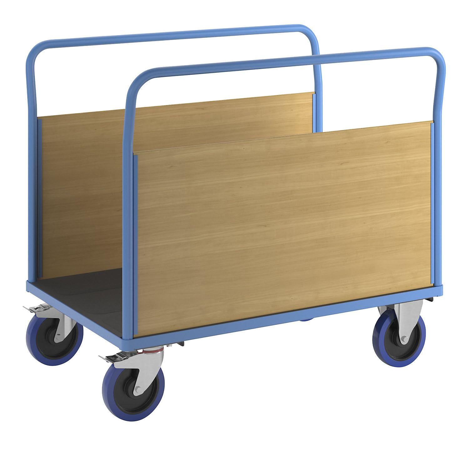 eurokraft pro | Plattformwagen mit Holzwänden | Mit 2 hohen Längswänden, LxB 1250 x 870 mm, Vollelastik