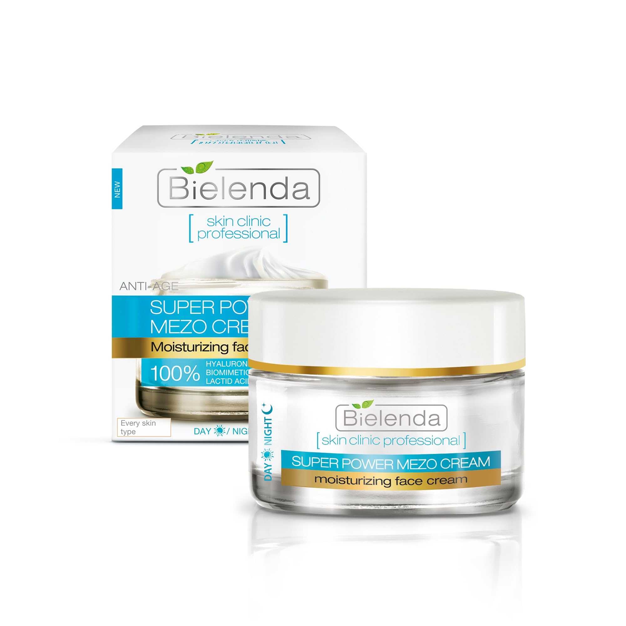 Bielenda Professional Mezo Crema Hidratante Antiarrugas con Ácido Hialurónico, Tratamiento Antiedad, Para Todo Tipo de Piel, Día/​Noche, 50 ml