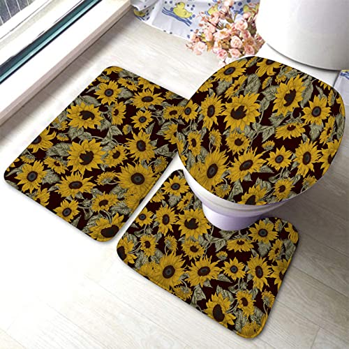 3-teiliges Badezimmerteppich-Set, Sonnenblumen, waschbare Badeteppiche, rutschfest, mit Rückenpolster, Konturteppich und Toilettendeckelbezug