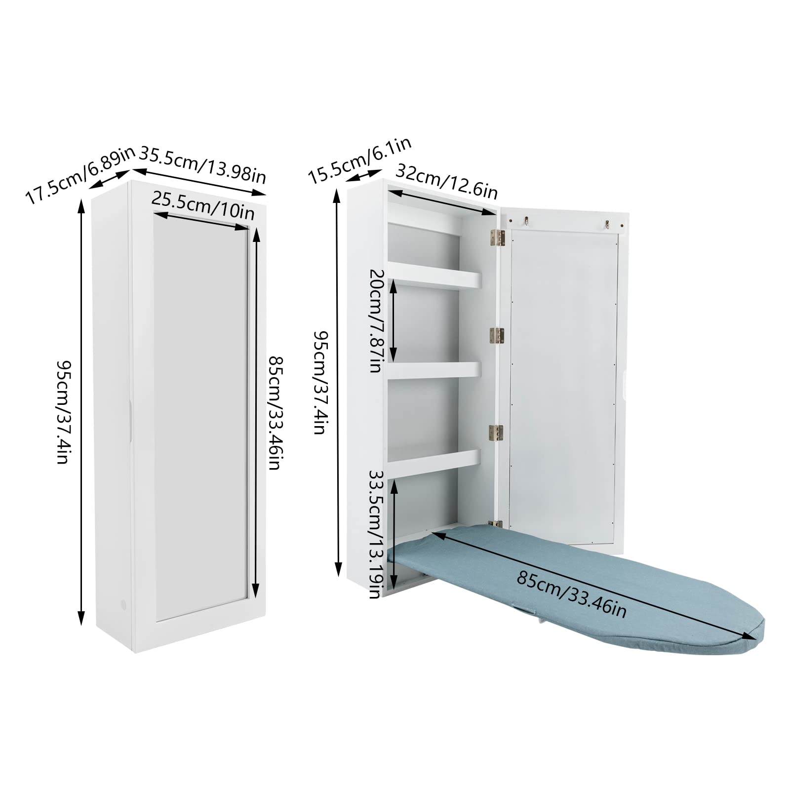 TITIDU Wall-Mount Ironing Board Cabinet Built-in Swivel Ironing Board Foldable with Storage, Wall Hanging with Mirror, for Small Apartment, Hotel, Bedrooms (White)