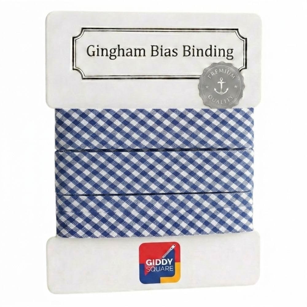 Premium Yarn Dyed Polycotton Gingham Bias Binding Tape 30mm Navy Blue Large Gingham 5m - Strong Smooth Hardwearing Woven Check Trim for Quilting, Bunting & Edging - Machine Washable - Giddy Square
