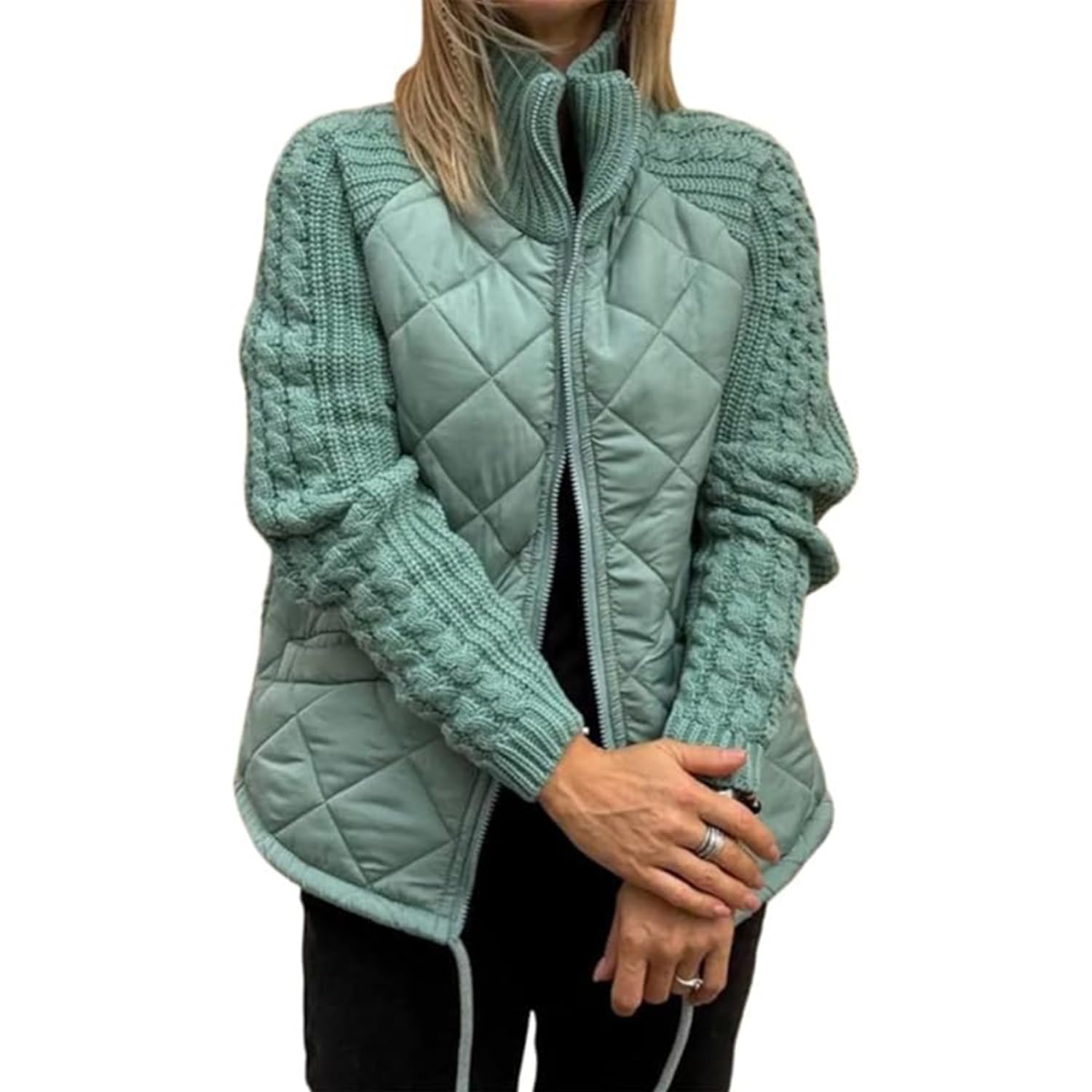 Chaqueta Acolchada de Punto con Parches para Mujer, cárdigan de Moda con Cremallera, Manga Larga, Cuello Alto, Chaqueta con Cuello Alto