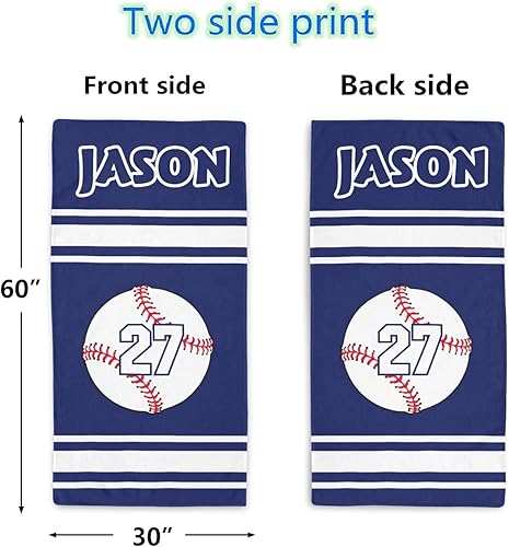 Miniatura 3 de Toalla de playa de béisbol personalizada a rayas azules y blancas con nombre para deporte, boda, regalo de cumpleaños, 30 x 60 pulgadas, 2 lados