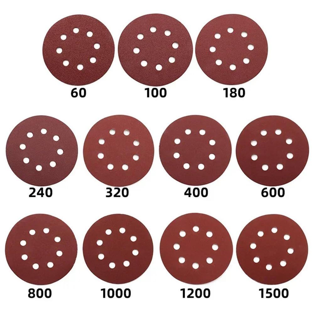 Discos de Lijado de 5 Pulgadas, 8 Agujeros, Adhesivos con Gancho y Bucle, Papel de Lija de 125 mm, Grano 60-2000, para lijadora Orbital aleatoria, Hojas abrasivas, herram