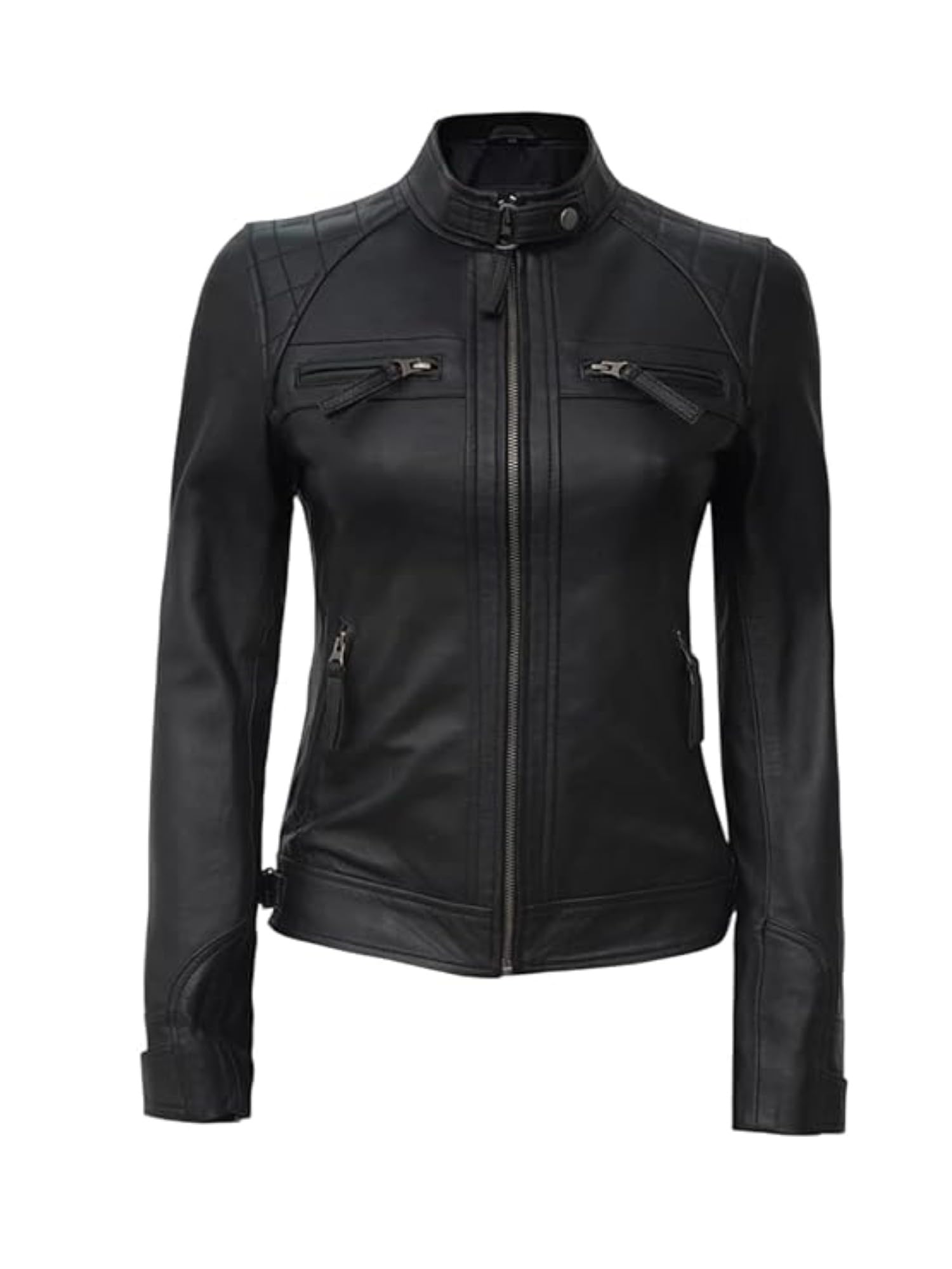 pare Women's Genuine Leather Biker Jacket - Slim Fit Quilted Shoulder Motorcycle Jacket for Girls, Premium Real Leather Winter Coat with Zip Pockets-picture-25