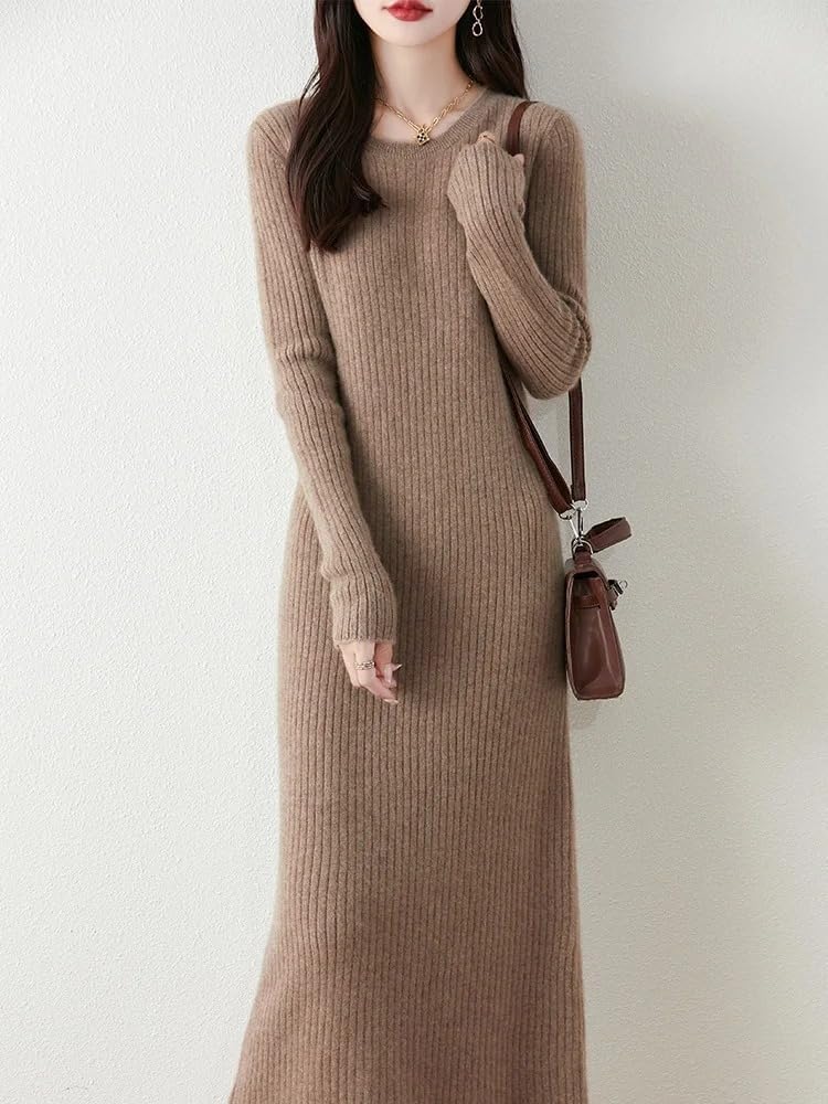 Women's Wool Dress O-Neck Pullover Autumn Winter Long Sleeve Slim Cashmere Sweater Skirt Striped Knitwear