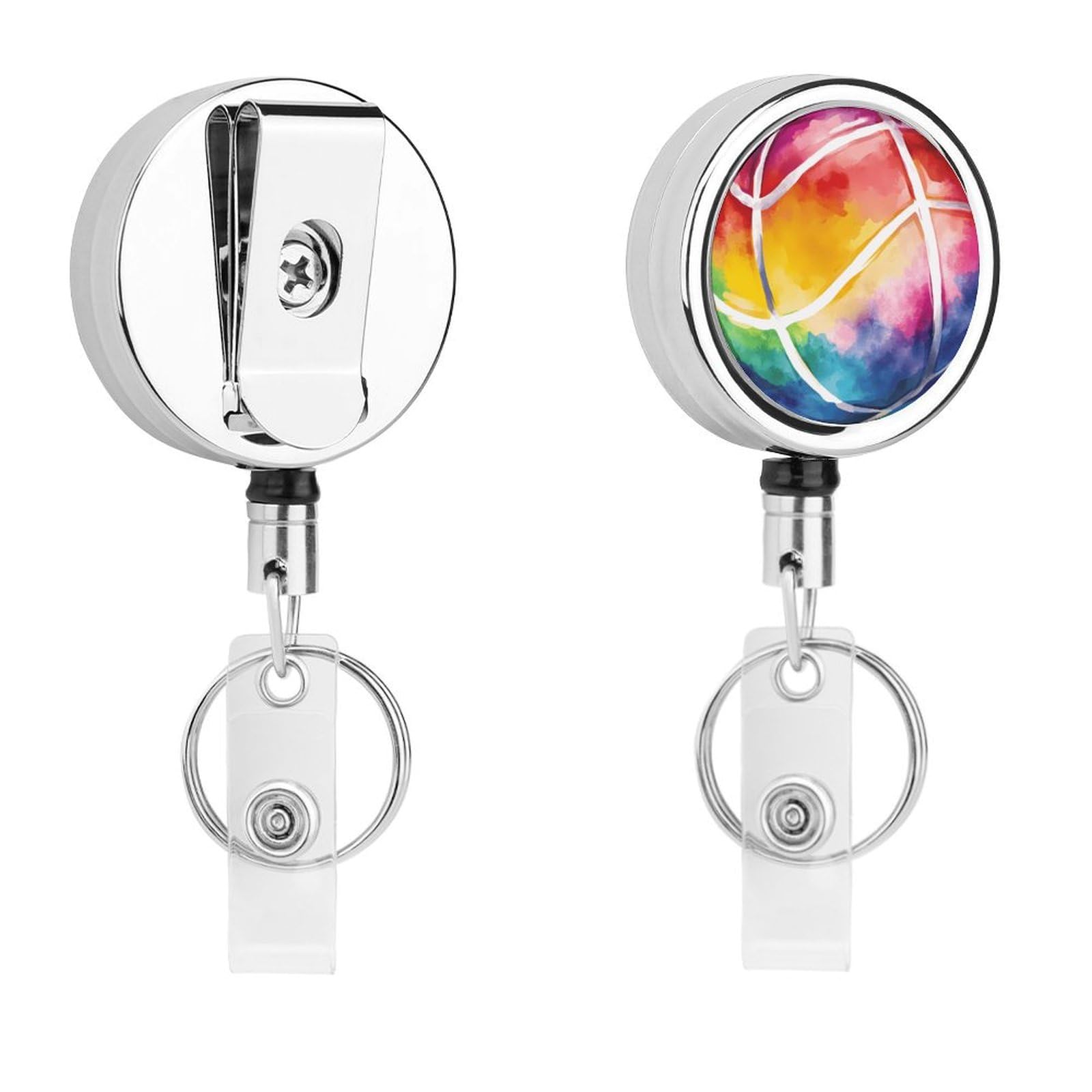 Volleyball Ball Tie-dye Retractable Badge Holder Metal ID Name Holder Key Ring with Belt Clip