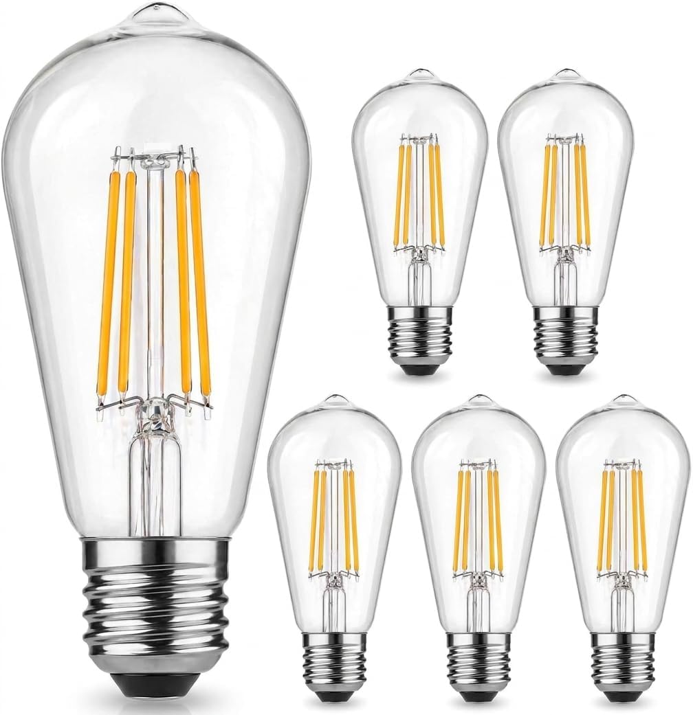 Dimmable LED Edison Bulbs 6W Equivalent 60W, ST58 Vintage Light Bulbs E26 Base 2700K Warm White Antique Clear Glass LED Filament Bulbs for Chandeliers, Pendant, Wall Sconces, 600LM, 90+CRI, 6 Pack