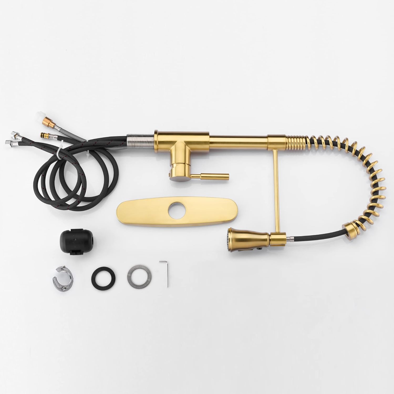 All components included with the SOKA SK5001AR kitchen faucet, laid out on a white surface.