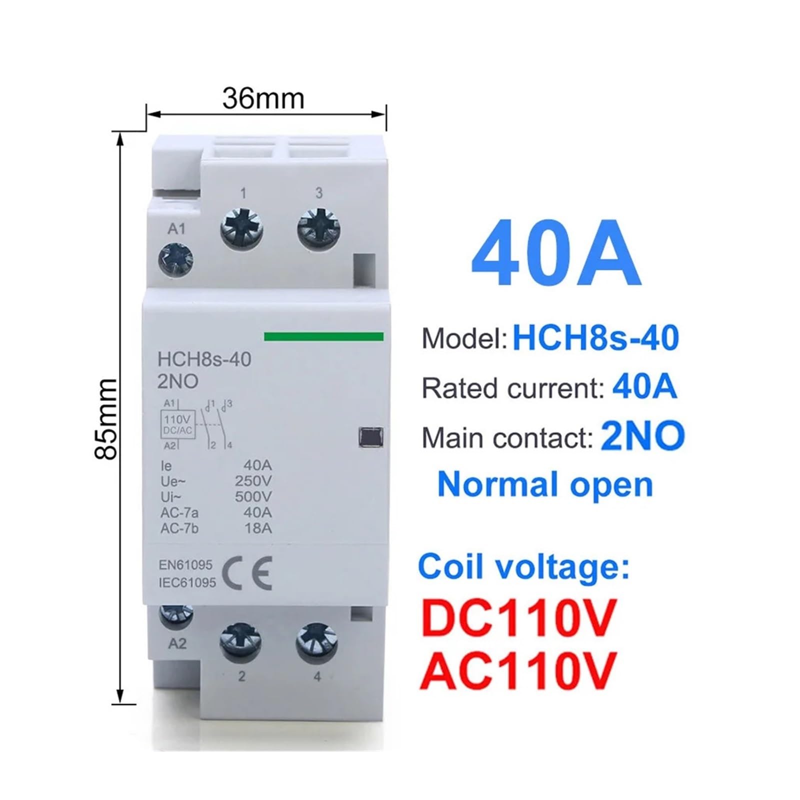 Contactor doméstico HC H8s-63 2P 40A 63A 2NO o 2NC 1NO1NC 24V 110V 220V Tipo carril Din(2P 40A 2NO DC110V)