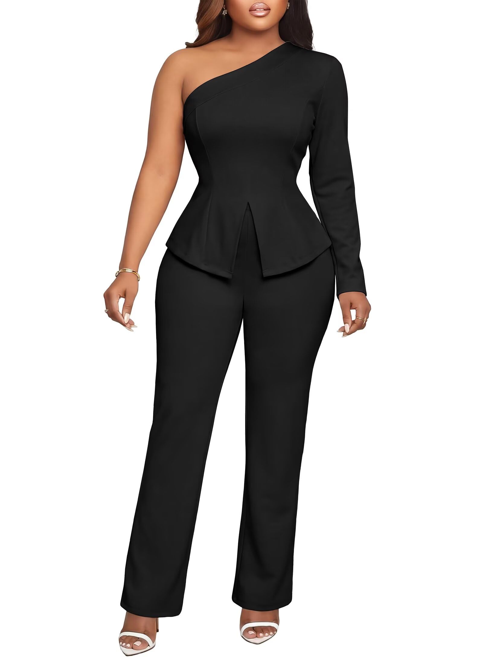 Aro Lora Womens Sexy 2 Piece Outfits One Shoulder Long Sleeve Slit Top and Pant Set Dressy Pantsuits