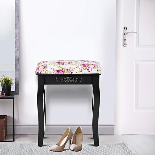 Miniatura 4 de Giantex Taburete de tocador de madera, silla acolchada, asiento de piano de maquillaje, banco de maquillaje con cojín rosa (negro)