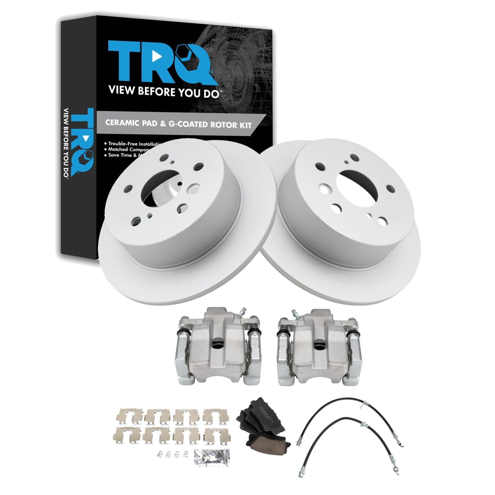TRQ Rear Brake Pad and Rotor Set Ceramic Coated Rotors Calipers Compatible with 2007-2012 Lexus ES350 2008-2012 Toyota Avalon 2007-2011 Camry