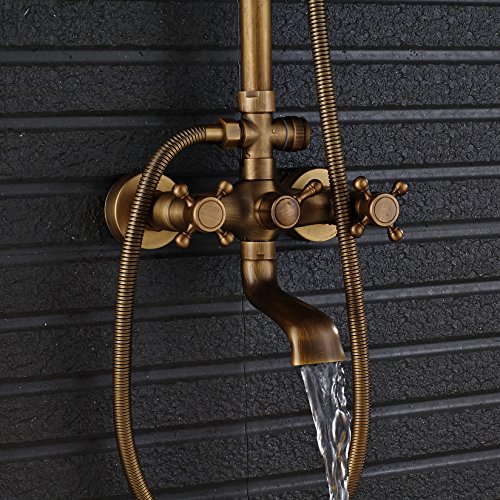 Rozin Bathroom Rainfall Shower Tub Faucet Set 8-inch Top Showerhead + Handheld Spray Antique Brass