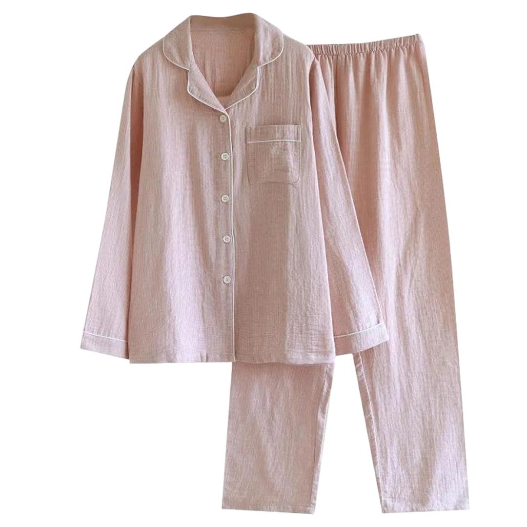 Conjunto de pijama de gasa de algodón para hombre y mujer, a cuadros, manga larga, ropa de casa de dos piezas