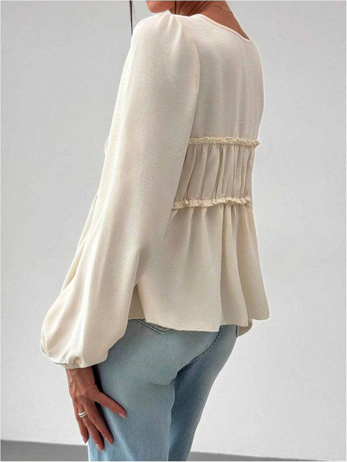 WDIRARA Women's Tie Front V Neck Long Bishop Sleeve Flared Blouse Frill Trim Peplum Top - Image 3