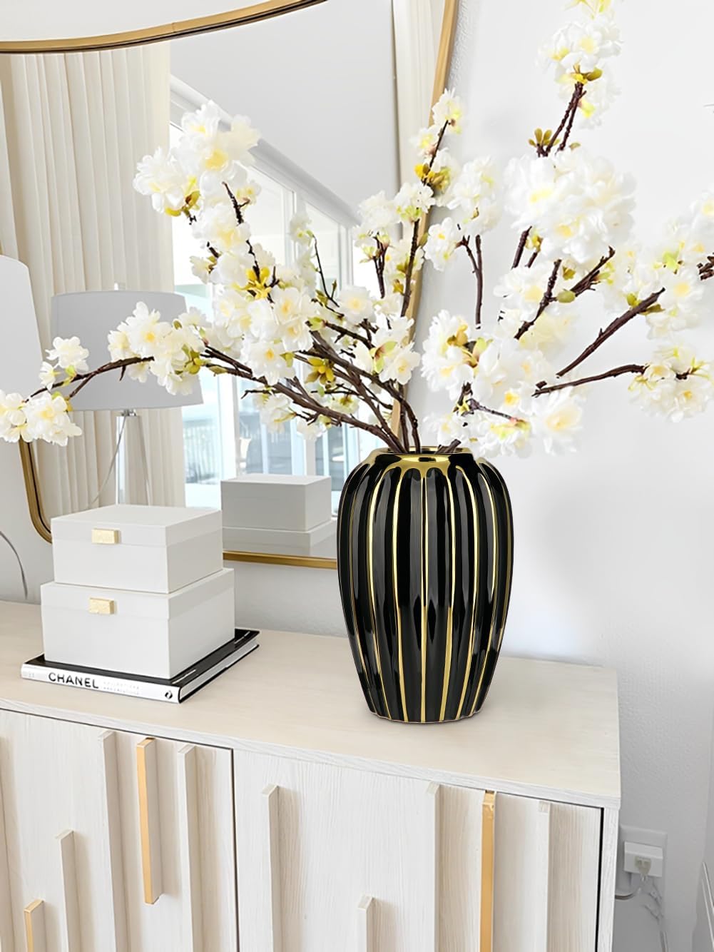 Briful Black Gold Ceramic Vase Home Decor, Ribbed Design, Porcelain Decorative Flower Vase, 9.8'' Tall Floral Vases for Table Desk Wedding Decoration - Image 6