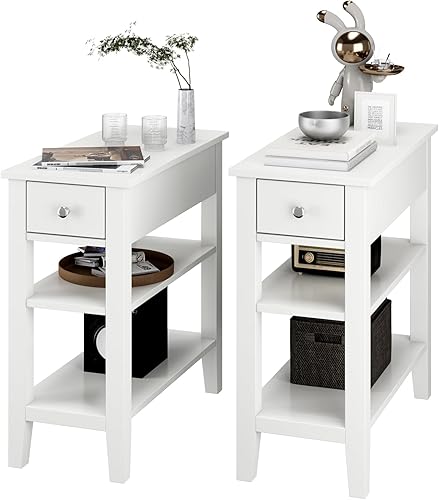 POWERSTONE Juego de 2 mesas auxiliares con cajón de almacenamiento y estante de 2 niveles, estantería de mesa auxiliar de 23.6 pulgadas para