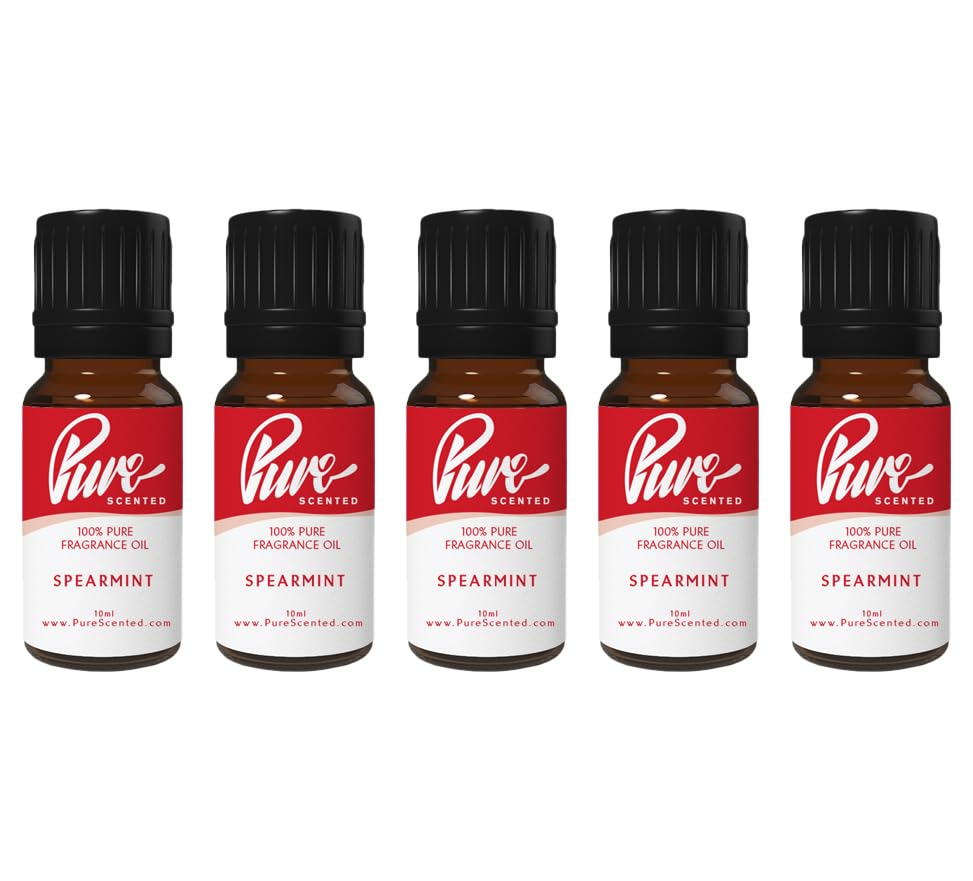 Pure Scented 50ml Fragrance Oils - 5 x 10ml Suitable for Candles, Soaps, Slime, Diffusers, Cosmetics, Wax Melts, Designer (5 x 10ml, Spearmint)