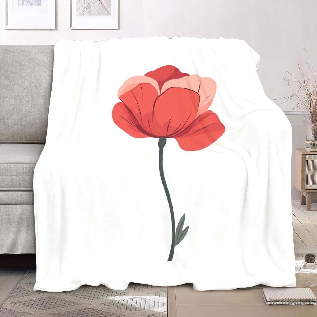 Koc termiczny XXL 180 x 200 cm romans czerwone rośliny kwiaty polar flanelowy super miękki biały koc polarowy w kratę na sofę i łóżko wystrój domu