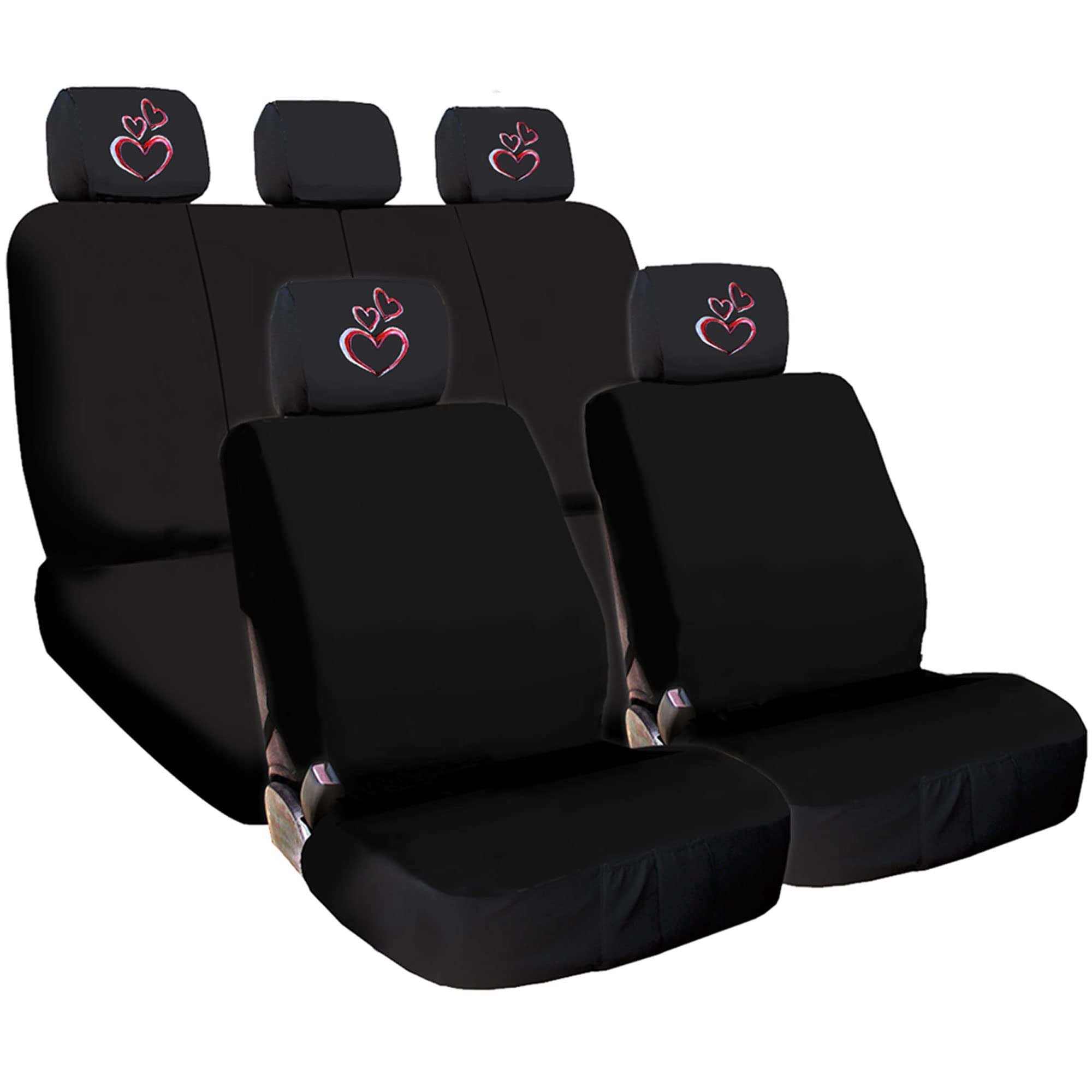 Yupbizauto New Black Flat Cloth Universal Fit Car Truck Seat Covers with Embroidery Logo Headrest Covers Support 60/40 Split Seats (Large Pink Heart)