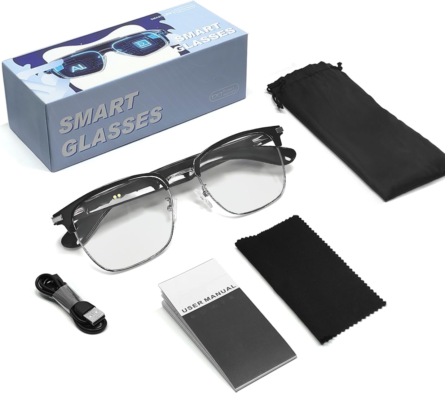 Premium Smart Bluetooth Glasses with HD Calls, Voice Assistant, Wireless Audio Eyewear, Rectangular Shape, Plastic Frame, One Size, Modern Style (Black)