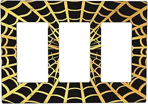 Decorative Outlet Covers Black Background with Golden Spiderweb Spider 3 Gang Outlet Cover Wall Plate Triple Rocker Light Switch Cover Plate Switch Plate Covers for Home Decor