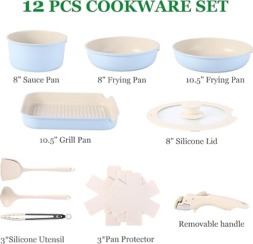 Miniatura 3 de Juego de 12 piezas de utensilios de cocina con mango desmontable, juegos de ollas y sartenes antiadherentes, juego de sartenes de inducción para