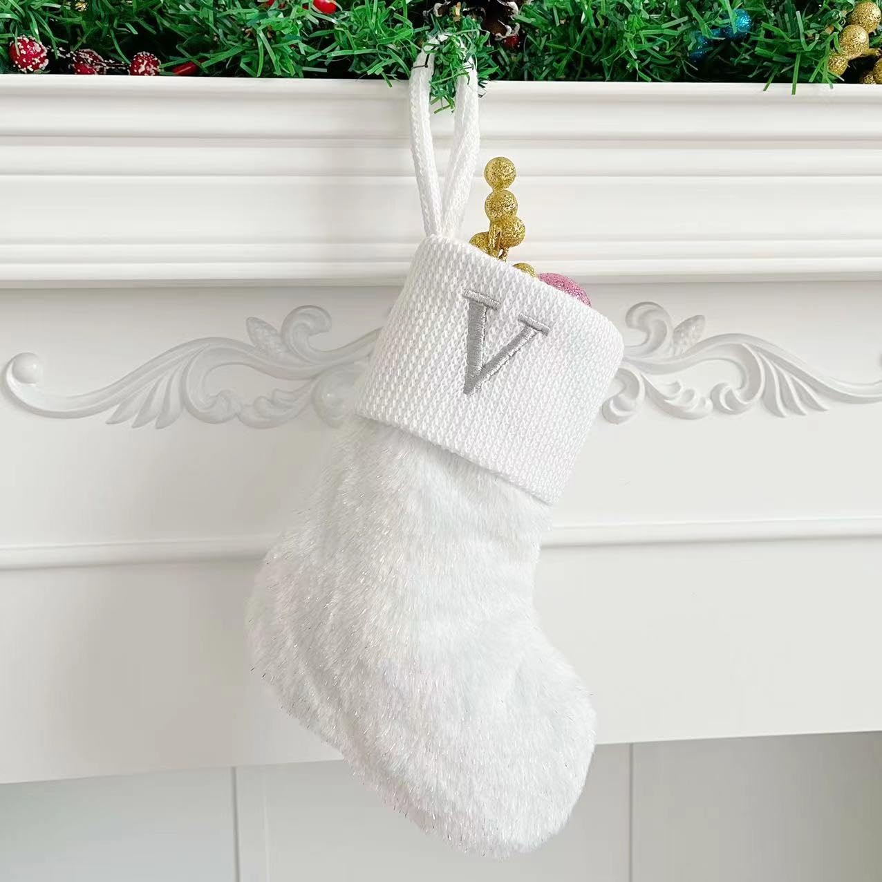 Initial Letter Christmas Stocking White Snowflake Knitted Christmas Tree Stockings Decorative Sock Hanging Ornament for Mantel Fireplace (White V, 10inch)