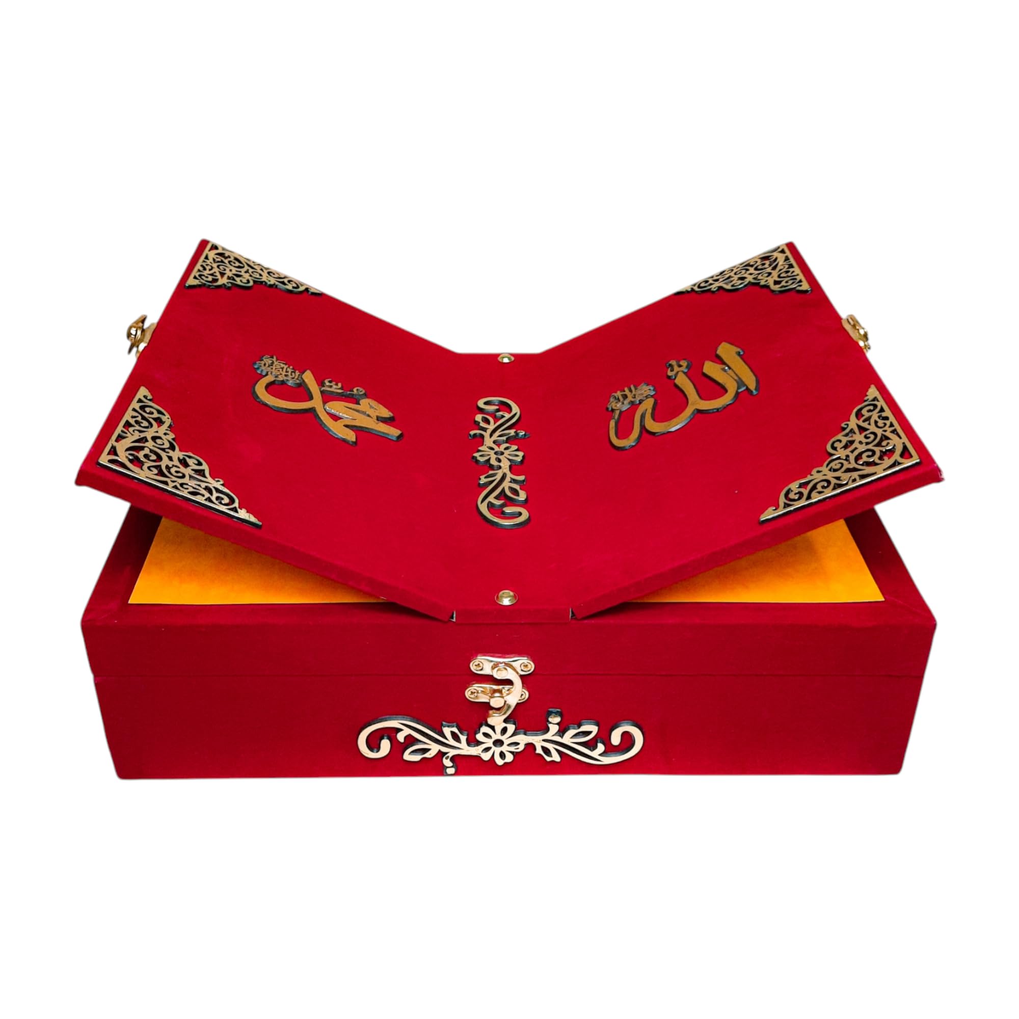 Maroon Velvet Quran Box with Rehal Stand, Decorative Islamic Holy Book Storage 13x9x4 Inch-image-28