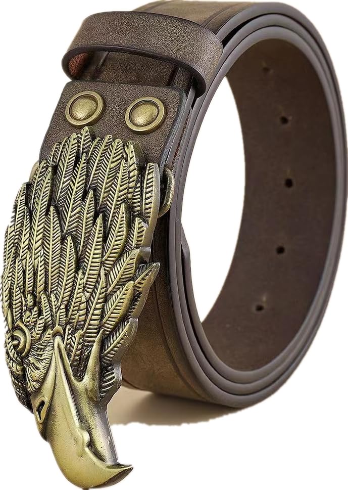 Eagle Head Western Cowboy Rivet Retro Brown Leather Cross Hollow-out Carved Waist Belt Men Causal Golf Pants Polo Shirts Matching Steampunk Rock Buckle Belts Pattern Floral Engraved Buckle Belt