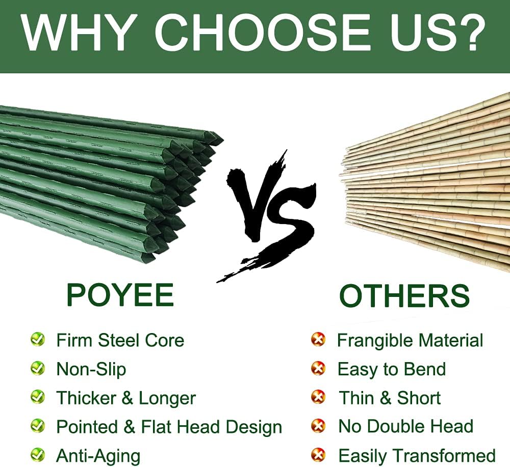 POYEE Garden Stakes 60 Inches 5FT Steel Core & Plastic Coated Plant Stakes for Climbing Plant Support, Tomatoes, Trees, Cucumber, Beans, 30 Pack with 200 Zip Ties : Patio, Lawn & Garden