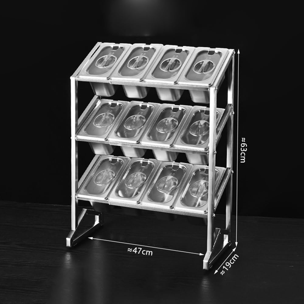 Organizador de especias de acero inoxidable de 3 niveles con tapa, 15 compartimentos para almacenamiento de encimera de cocina, elegante diseño plateado (47 x 19 x 63 cm), soporte perfecto para