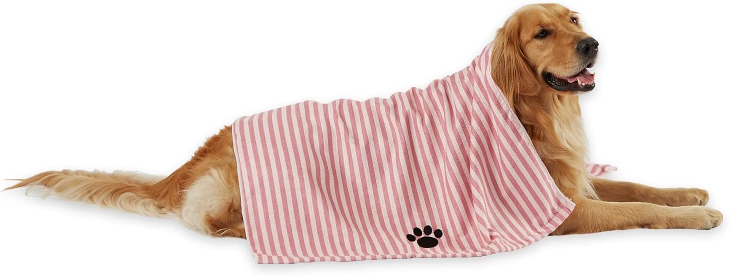 Bone Dry X-Large Microfiber Pet Grooming Towel 41x23.5" Striped Rose - Super Absorbent for Dogs & Cats